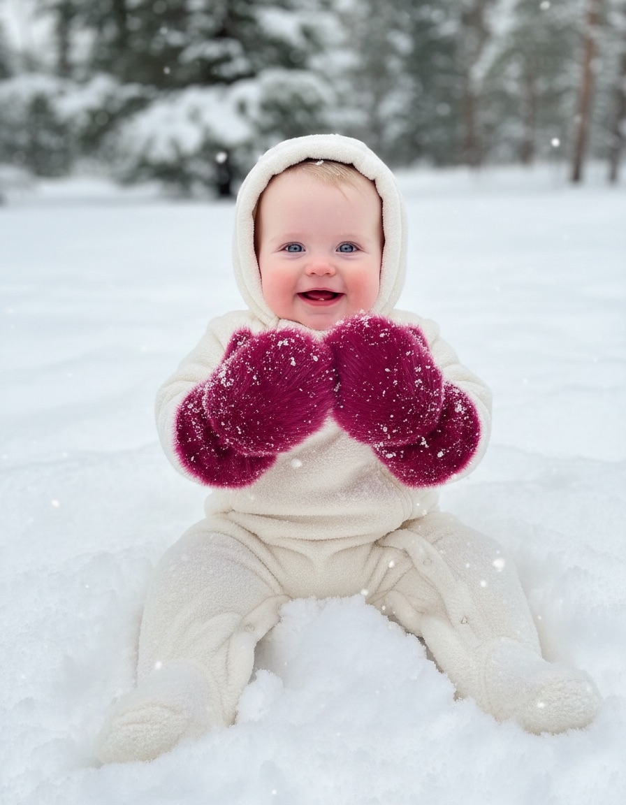 Selskinnsvotter i bruk — baby i snø